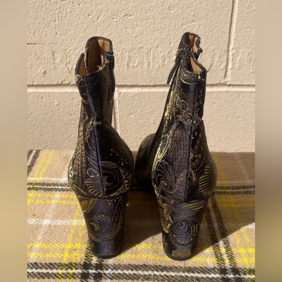 Franco Sarto Olympia Black and Gold Asian Inspired Embroidered Ankle Booties - Picture 2 of 9